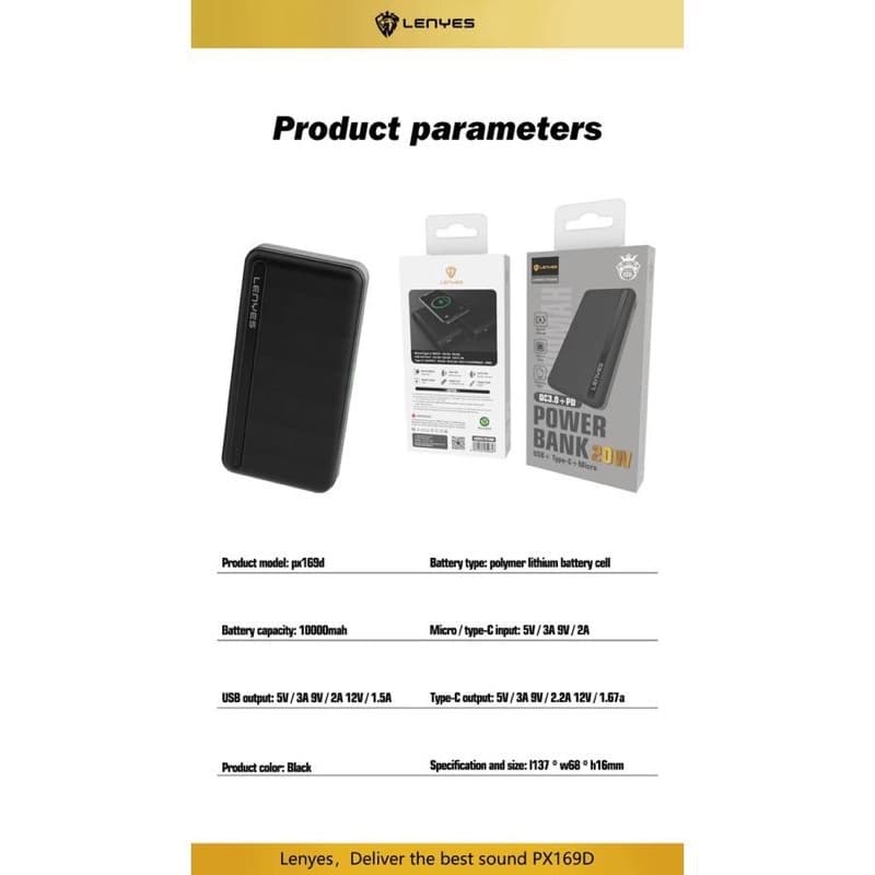 Powerbank 10.000 Mah QC 3.0 + PD 20W Lenyes Original PX169D Fast Charging Real Capacity 10000 Mah