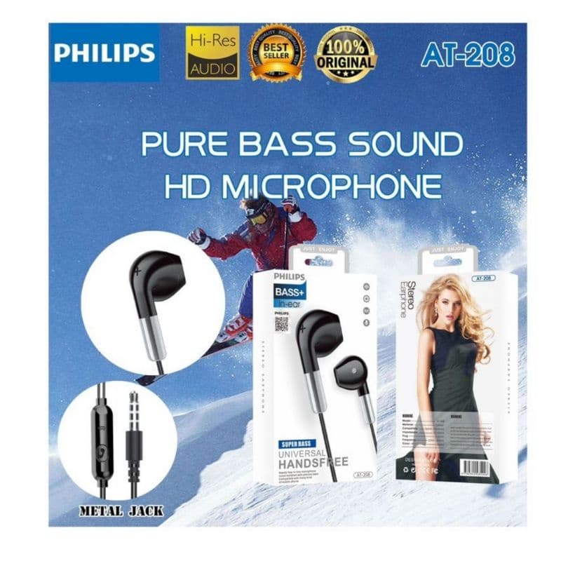 Handsfree Headset Earphone Philips AT-208 Transparan Plus Mic Stereo Suara Bagus