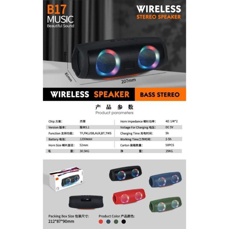 Speaker Bluetooth TWS B-17 CHARCE5 LAMPU RGB