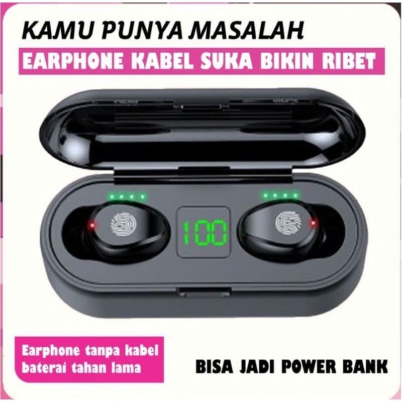 Earphone Headset Handsfree Bluetooth Wireless TWS F9 + bisa jadi powerbank buat Charge
