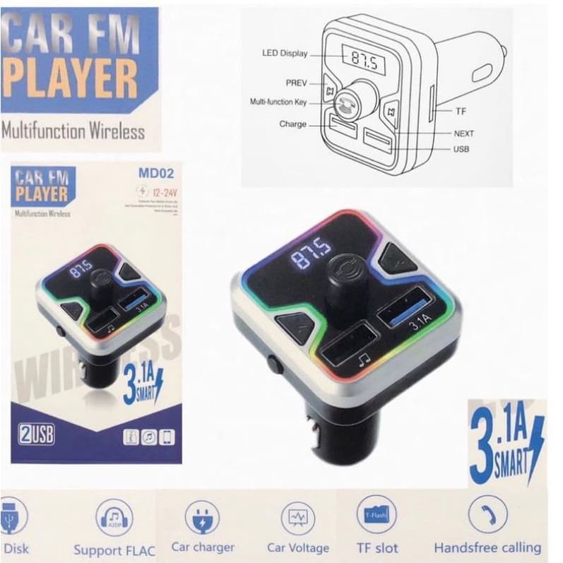 Car Charger Bluetooth MP3 Player FM Transmitter Modulator Wireless LED MD02