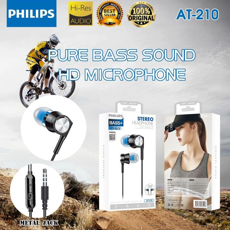 Handsfree Headset Earphone Philips AT-210 Plus Mic Stereo Suara Bagus