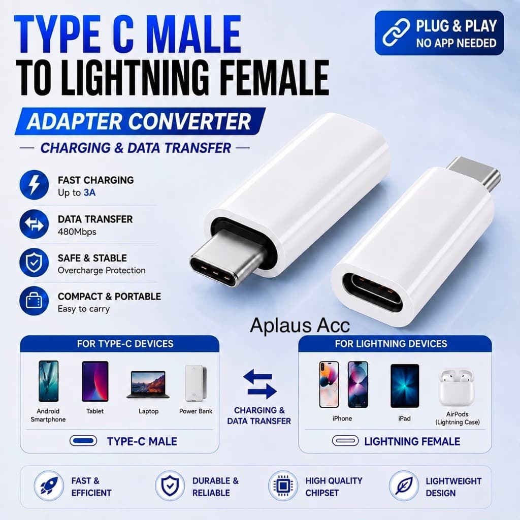 ( GROSIRAN) Adapter Converter Type C Male to Lightning Female USB C to Lightning Konverter Fast Charging & Data Transfer