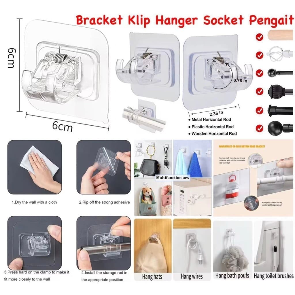 (GROSIRAN) Bracket Klip Hanger Socket Bracket Pengait Tiang Flexible Tanpa Bor Tempel Dinding Multifungsi