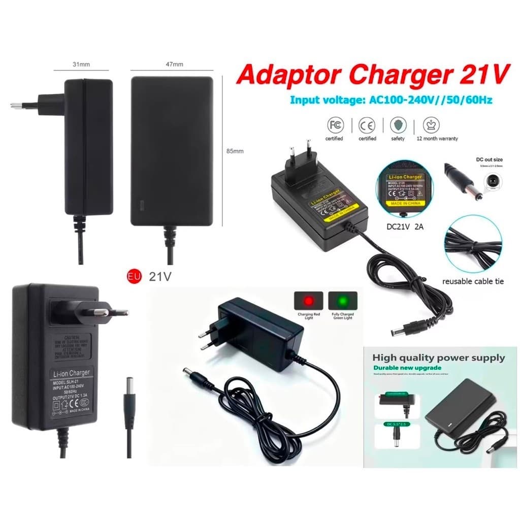 Adaptor Charger Universal 21V to 12V 1A – Cas Baterai untuk Bor Cordless, Gerinda, Beki, Jet Cleaner, Pengganti Adaptor Aki
