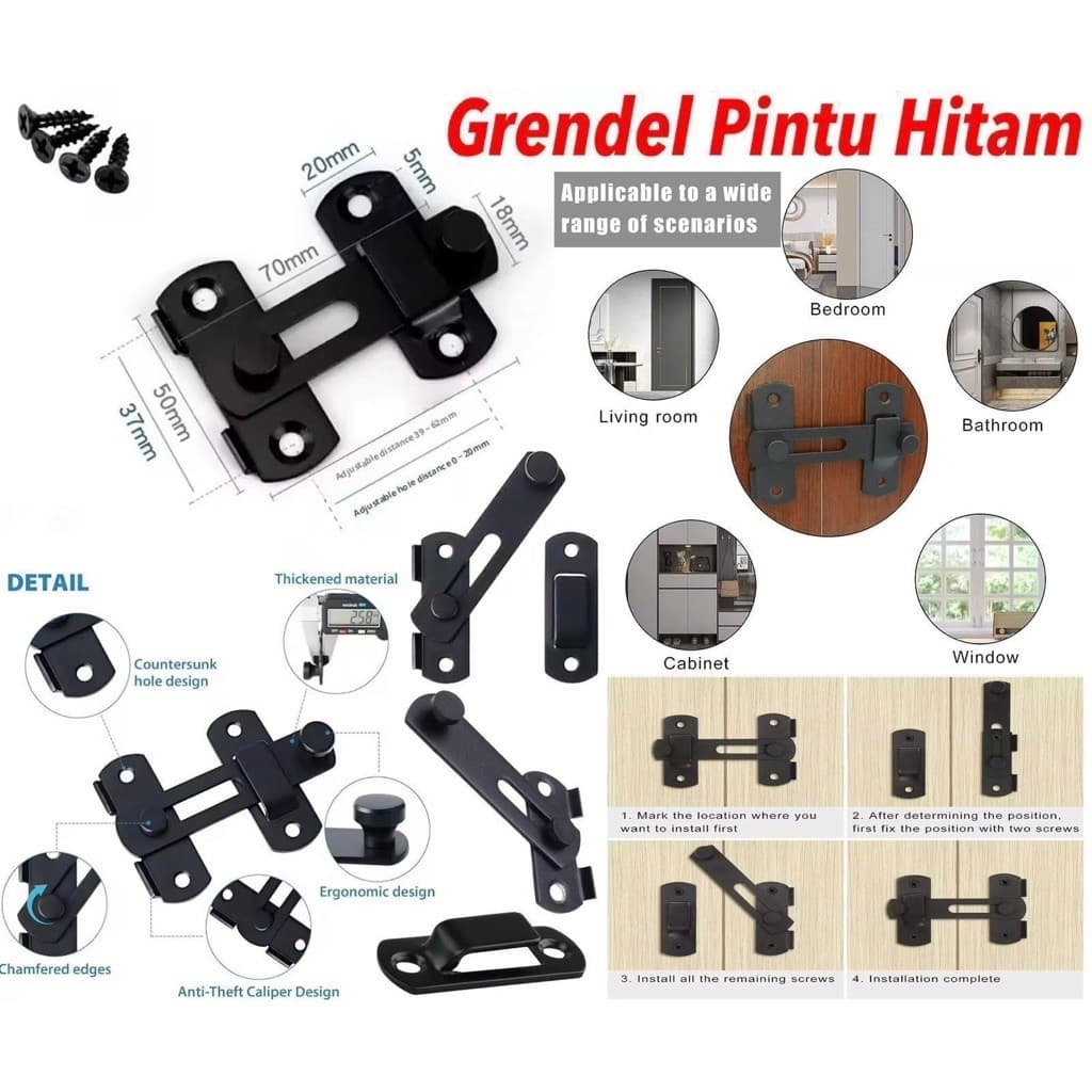 (GROSIRAN) Grendel Pintu Hitam Grendel Kait Pintu Sliding Stainless Sliding Door Latch Steel Serbaguna