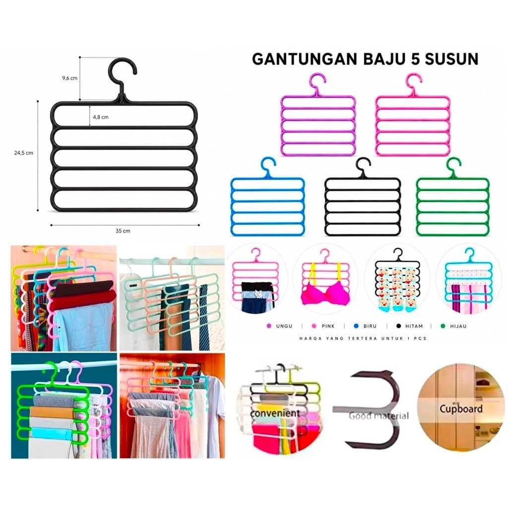 (GROSIRAN) Gantungan Baju 5 Susun Gantungan Hanger Pakaian Celana Handuk Jilbab 5 Layer Plastik Serbaguna