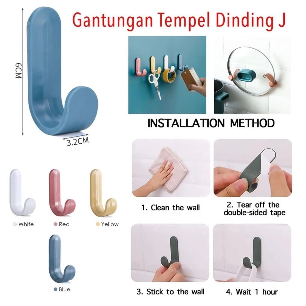 ( GROSIRAN 40 ) Gantungan Tempel Dinding J Hook Kail Gantungan Dinding J Serbaguna