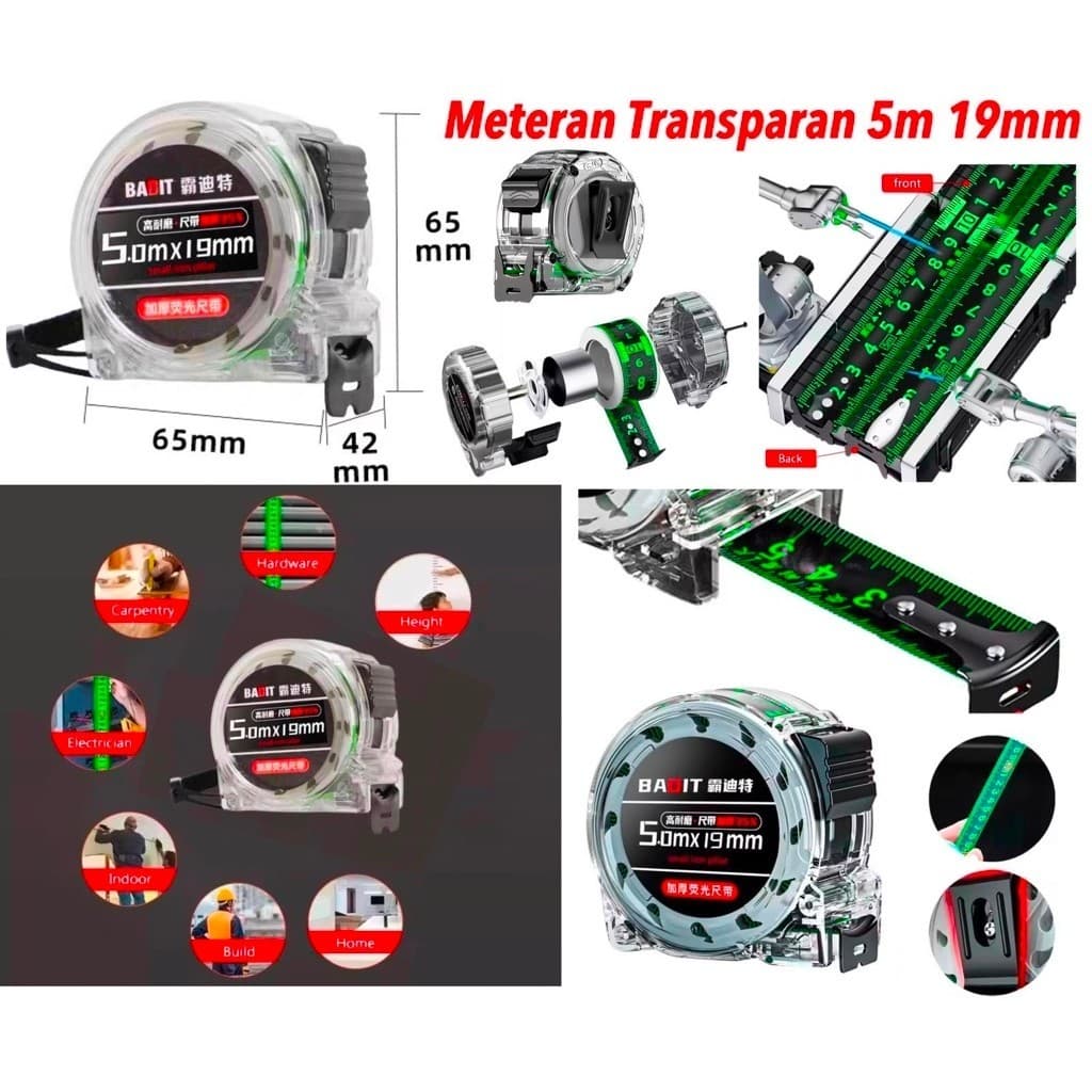 Meteran Transparan 19MM 5M Pita Pengukur Anti Karat Measuring Tape 5M Transparant Panjang