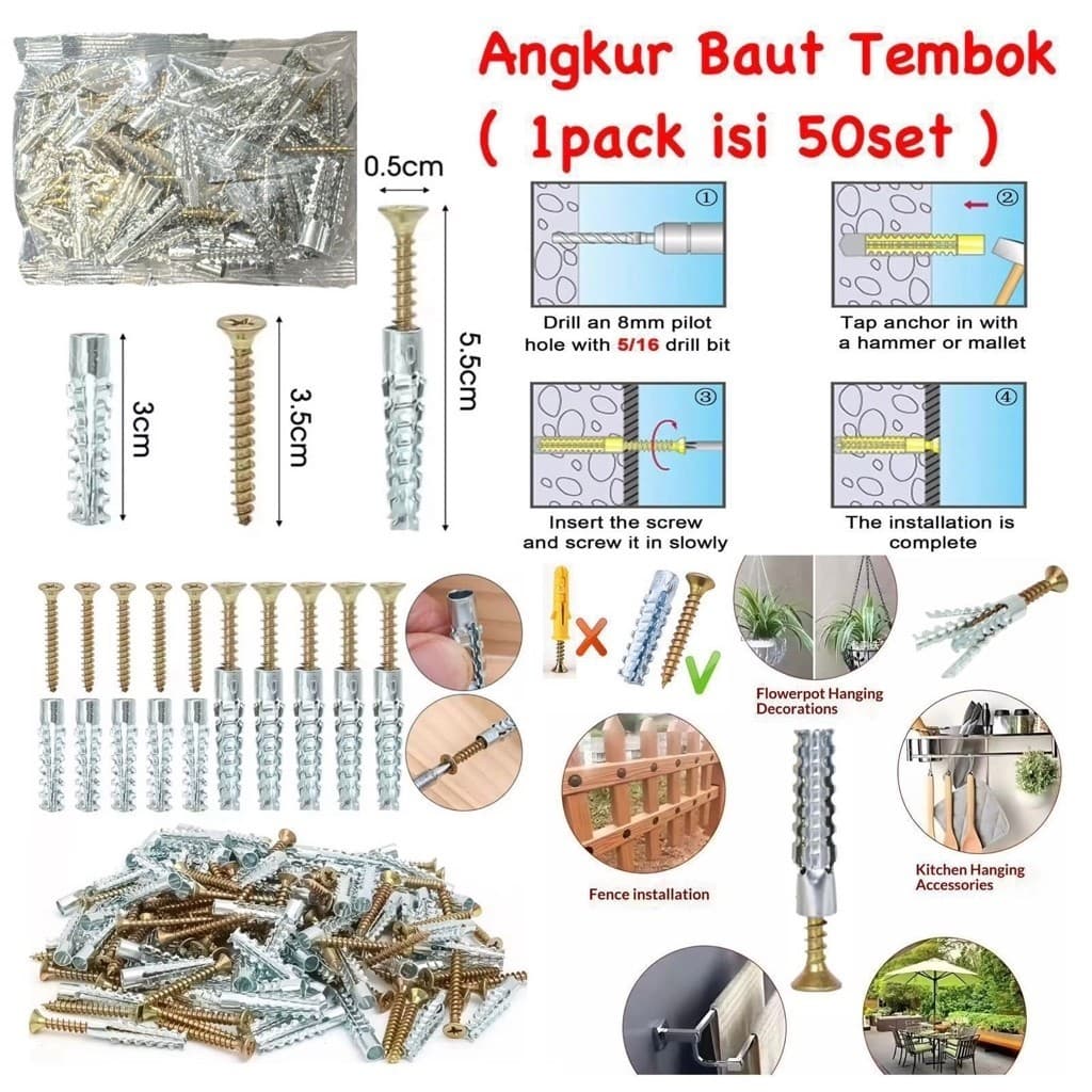 Angkur Baut Tembok 50set Baut Tembok Jangkar Skrup Wall Anchor Tembok Sekrup Dinding