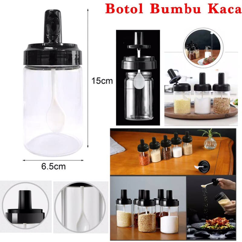 Tempat bumbu Dapur Kopi Gula Serbaguna Botol Kaca Dengan Tutup Sendok