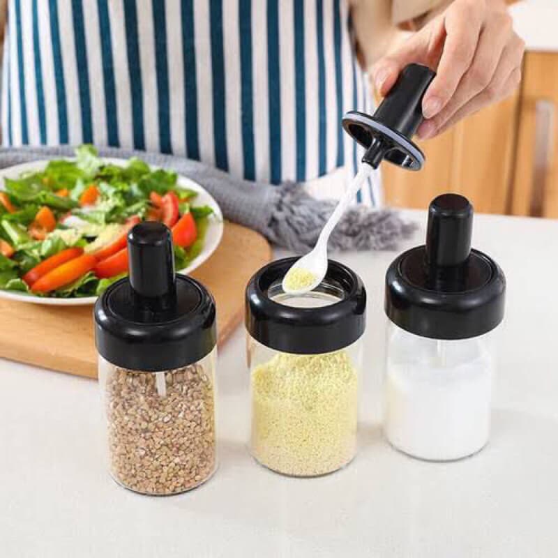 Tempat bumbu Dapur Kopi Gula Serbaguna Botol Kaca Dengan Tutup Sendok