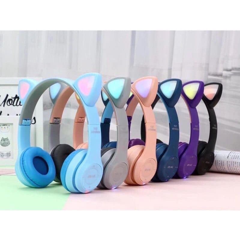 Headset Bando Bluetooth Cat RGB LED Lipat Macaron Warna