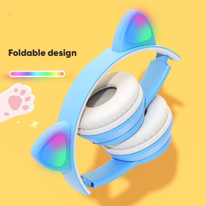 Headset Bando Bluetooth Cat RGB LED Lipat Macaron Warna