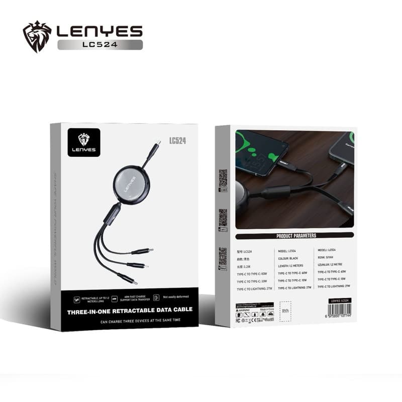 Kabel Data Tarik 3 in 1 Fast Charging 66W LENYES LC524 Data Cable USB Type C To Type C Lightning 1.2 Meter