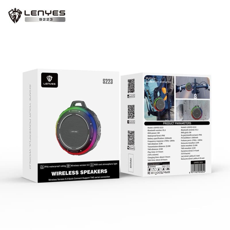 SPEAKER LENYES S223 Wireless Bluetooth 5.3 Portable RGB Cool Light TWS Waterproof IPX6 Suitable For Outdoor