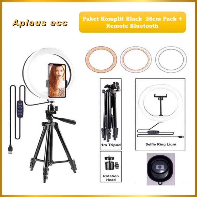 Paket Komplit Live Tripod Black Pack + Ringlight 26cm Pack + Remote Bluetooth Selfie Make Up Vlog
