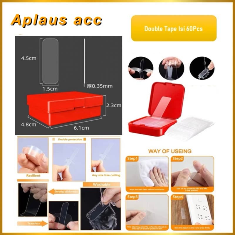 Double Tape isi 60pcs Box Mini Selotip Bening Transparan Ajaib 2 Sisi Serbaguna