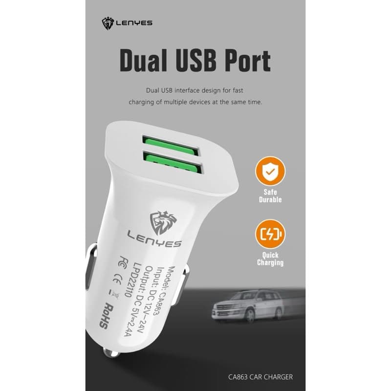 LENYES CA863 2.4a 2 USB Car Charger HP adaptor Mobil casan handphone original