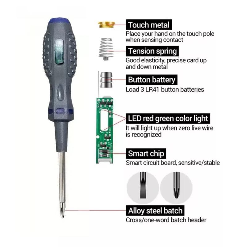 Obeng Tespen Bolak Balik Dual LED Tespen Induksi Tester Lokasi Gagang Karet Anti Karat Slip Serbaguna