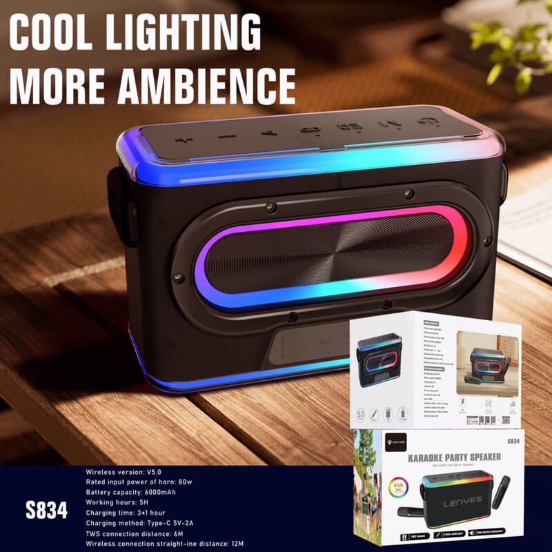 Lenyes S834 80W KTV RGB Light Wireless Speaker + Microphone Karaoke Bluetooth 5.0