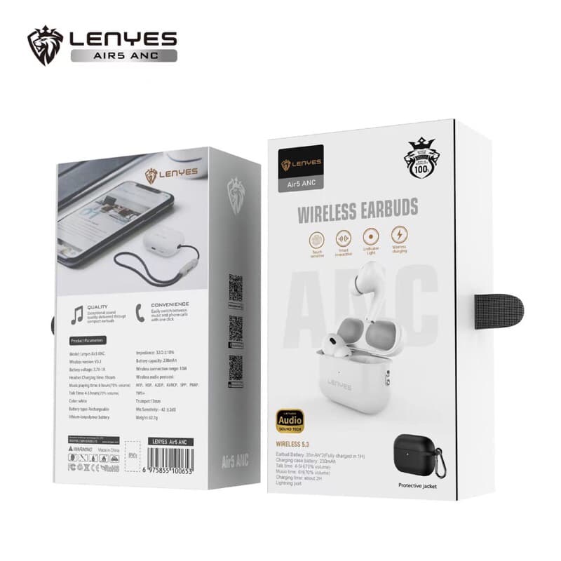 LENYES AIR 5 ANC TWS Wireless Earbuds Bluetooth 5.3 Smart Touch Hifi Stereo Earphone