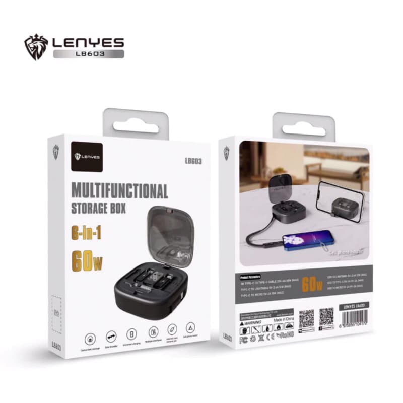 Lenyes Multifungsi LB-603 6in1 Kabel Data 60W Strorage Box Phone Holder