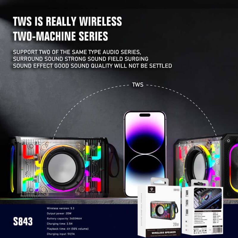 LENYES S843 20W Wireless Speaker Bluetooth 5.3 Transparan RGB LED Light TWS Portable FM Radio