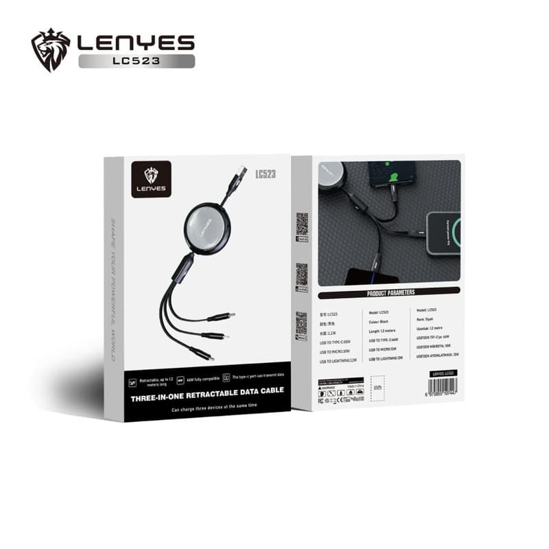 Kabel Data Tarik 3 in 1 Fast Charging 66W LENYES LC523 Data Cable USB To Micro Type C Lightning 1.2 Meter