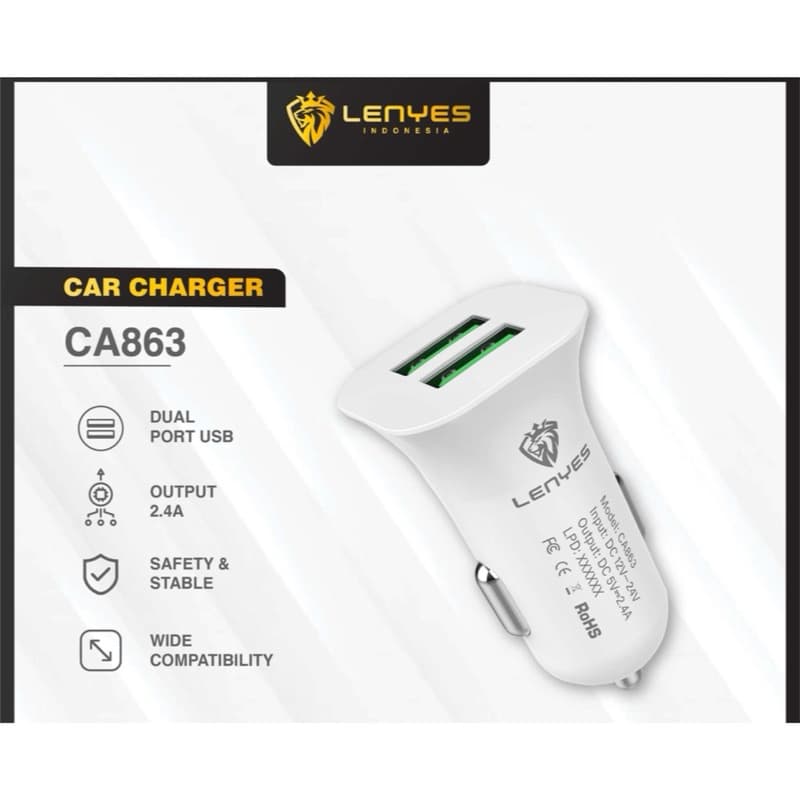 LENYES CA863 2.4a 2 USB Car Charger HP adaptor Mobil casan handphone original