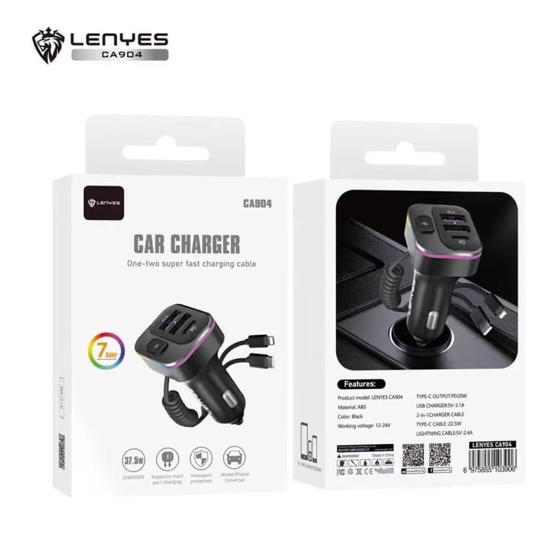 Lenyes CA904 37.5W RGB Light Car Charger Mobil Super Fast Charging Multi Port