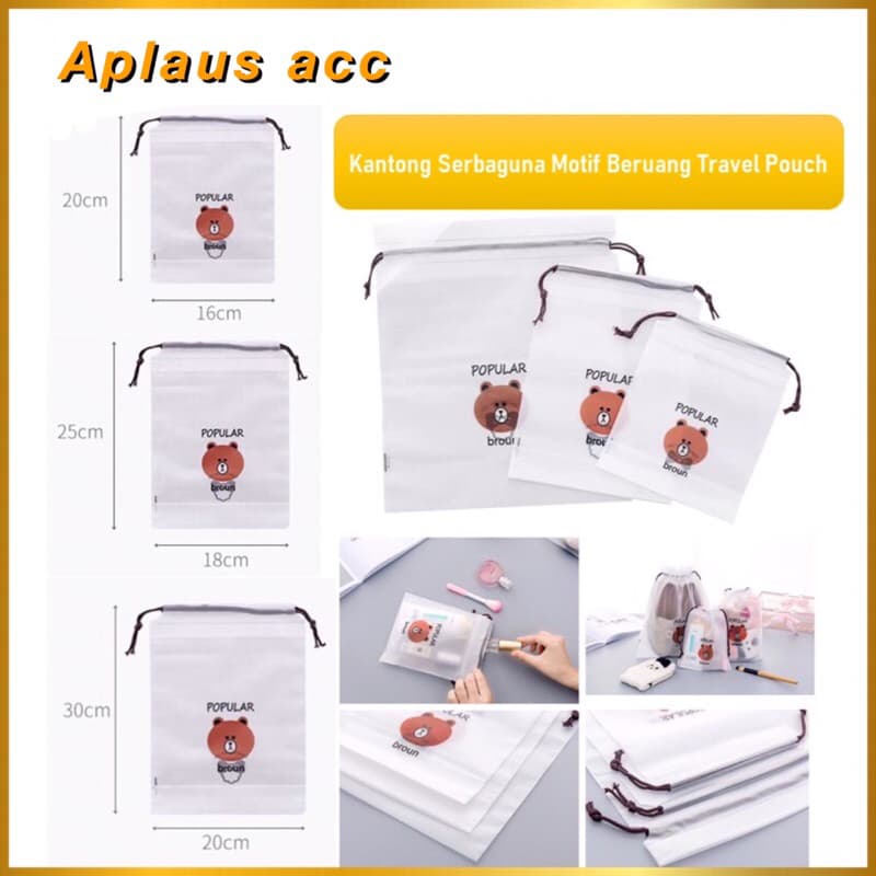 Travel Pouch Serut Motif Beruang Lucu Travel Pouch Organizer Transparan Serbaguna
