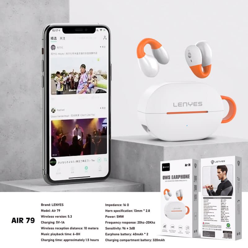 Lenyes AIR 79 Headset TWS Bluetooth Wireless 5.3 Smart Touch Hifi Stereo OWS Earphone Air Conduction Model Anting
