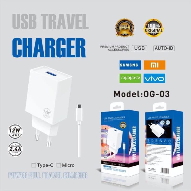 Charger Branded OG-03 Real 2.4A 12W Travel Charger Bagus Murah Micro/V8 dan Type C