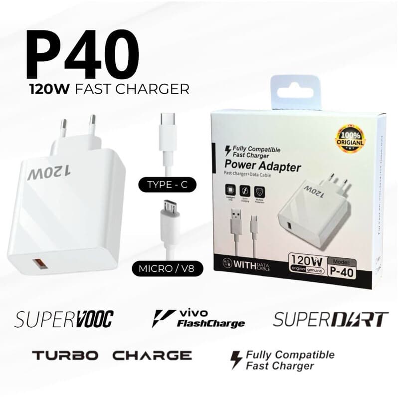 Charger Casan Branded P40 1USB 120W VOOC FastCharger P-40