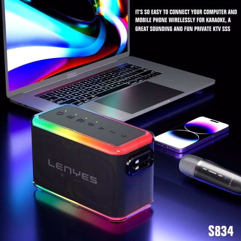 Lenyes S834 80W KTV RGB Light Wireless Speaker + Microphone Karaoke Bluetooth 5.0
