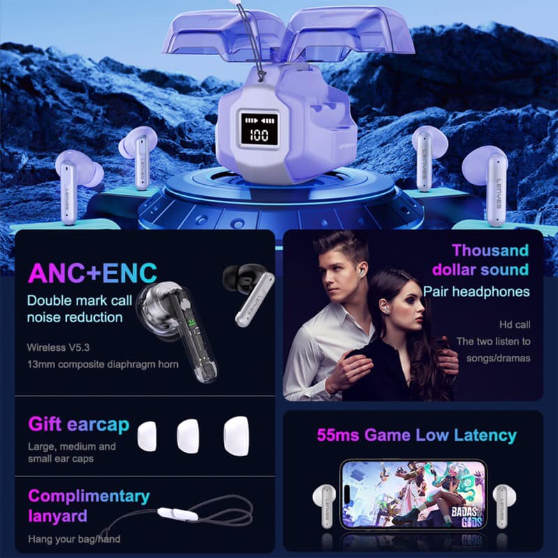 Handsfree Bluetooth Lenyes TWS Air80 3in1 Support ANC + ENC Wireless 5.3