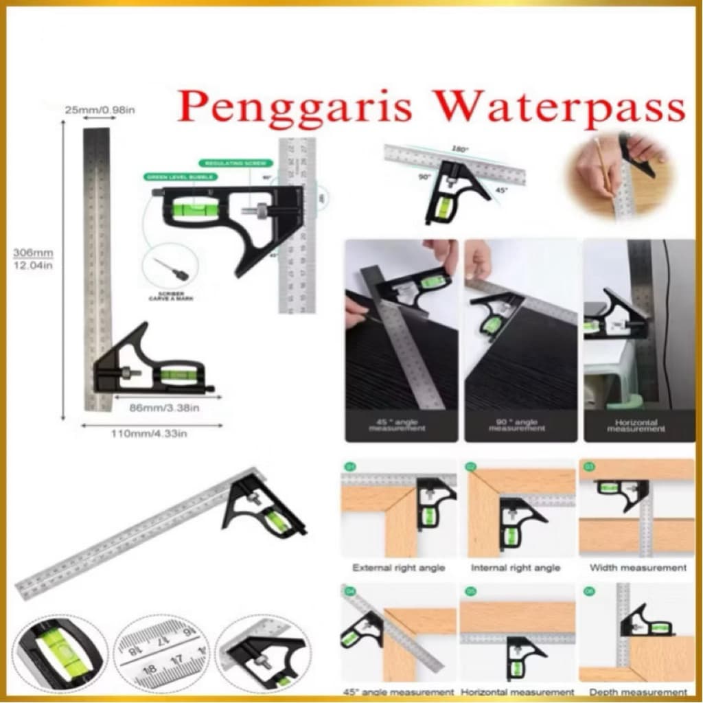 Penggaris Waterpass Tukang 30CM Penggaris Siku Sudut Lantai Ruangan Stainless Steel Serbaguna