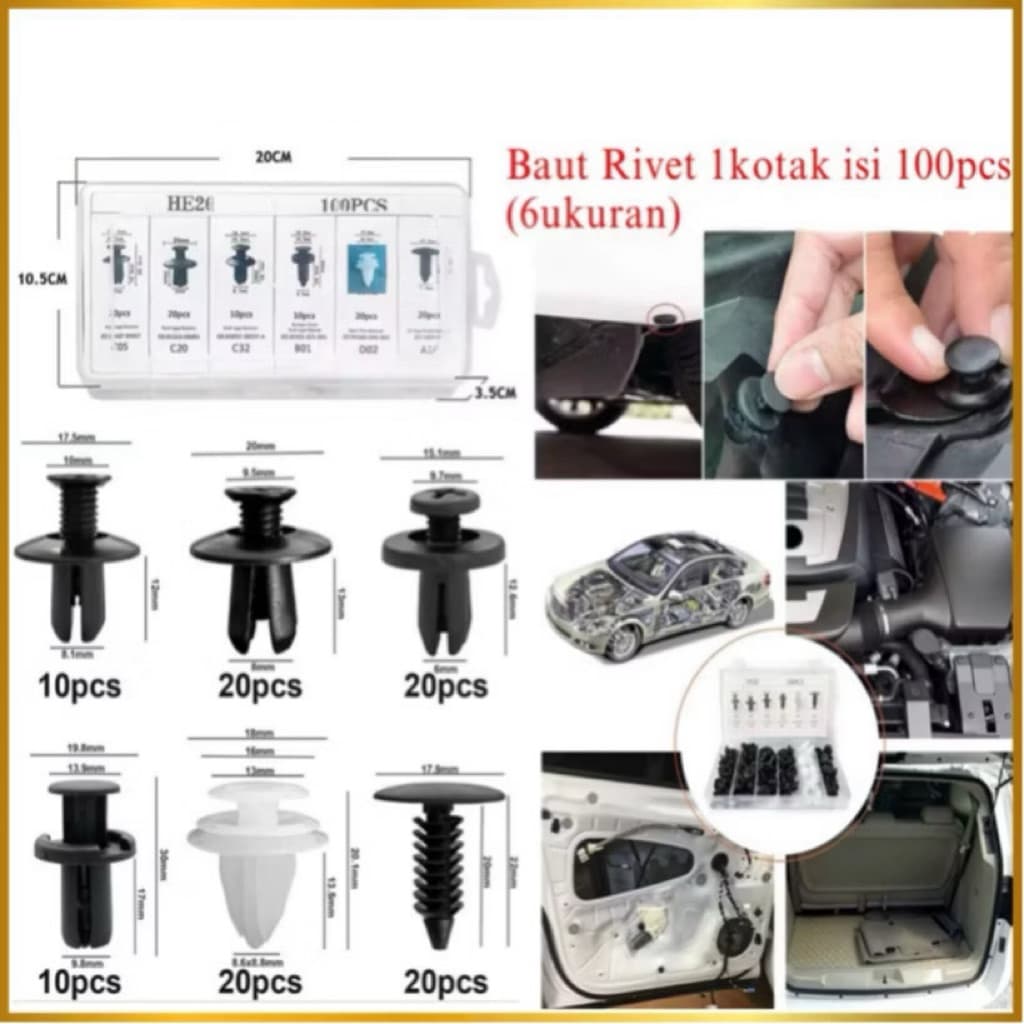 Baut Rivet Mobil Universal 1 Kotak Isi 100pcs Klip Bumper Baut Body Plastik Set Serbaguna