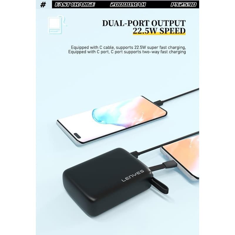 Powerbank 20.000Mah LENYES PX259D Super Mini Fast Charging 22.5W Built In Cable Type C Output