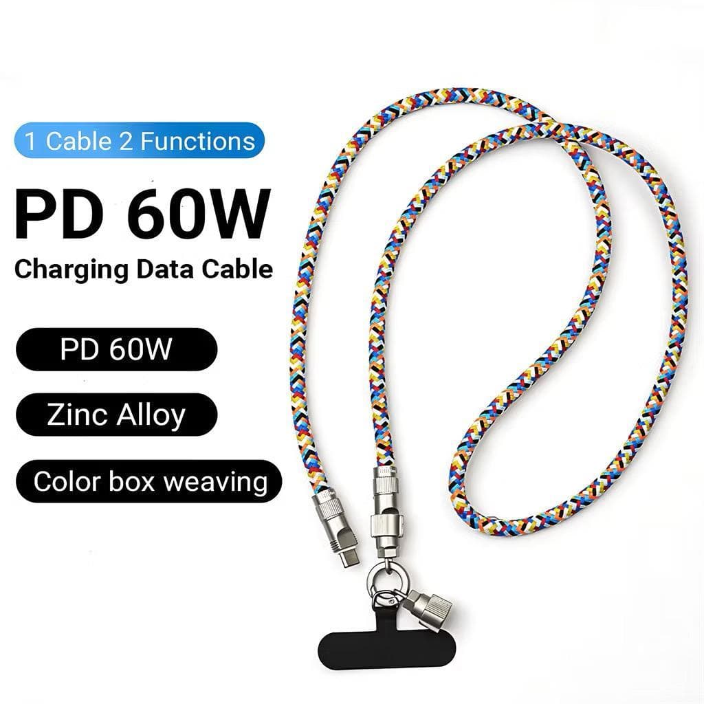 Tali Gantungan HP + Kabel Charger PD 60W 1 Cable 2 Functions Lanyard Strap Detachable Lock Buckle Super Kuat Pengisian Cepat