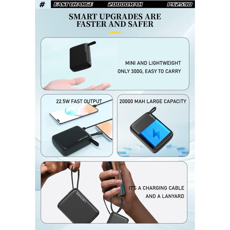 Powerbank 20.000Mah LENYES PX259D Super Mini Fast Charging 22.5W Built In Cable Type C Output