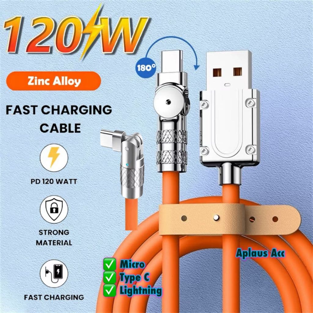 120W Kabel Data Fast Charging Putar /Rotasi 6A USB Data Type C Micro Lightning Original High Quality
