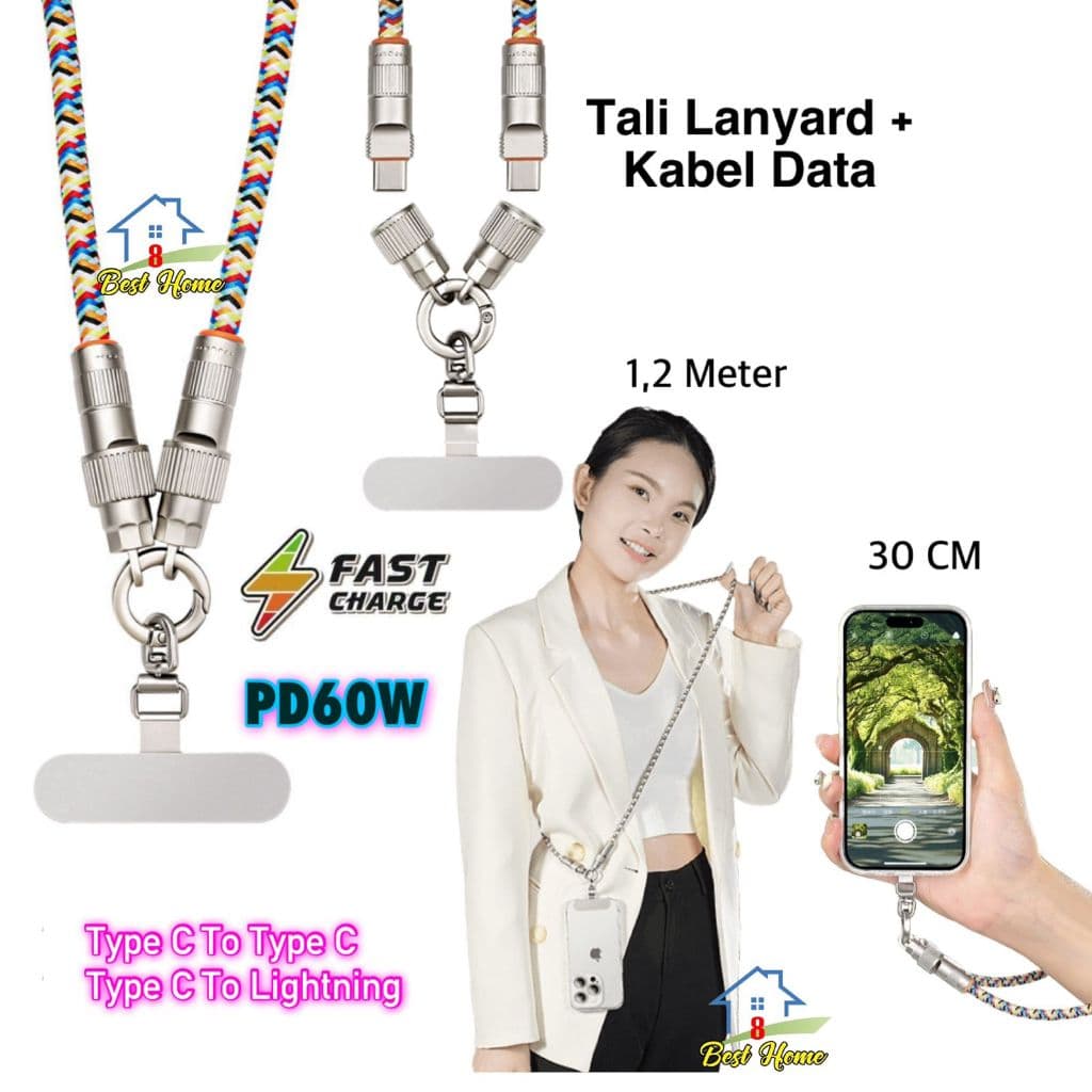 Tali Gantungan HP + Kabel Charger PD 60W 1 Cable 2 Functions Lanyard Strap Detachable Lock Buckle Super Kuat Pengisian Cepat