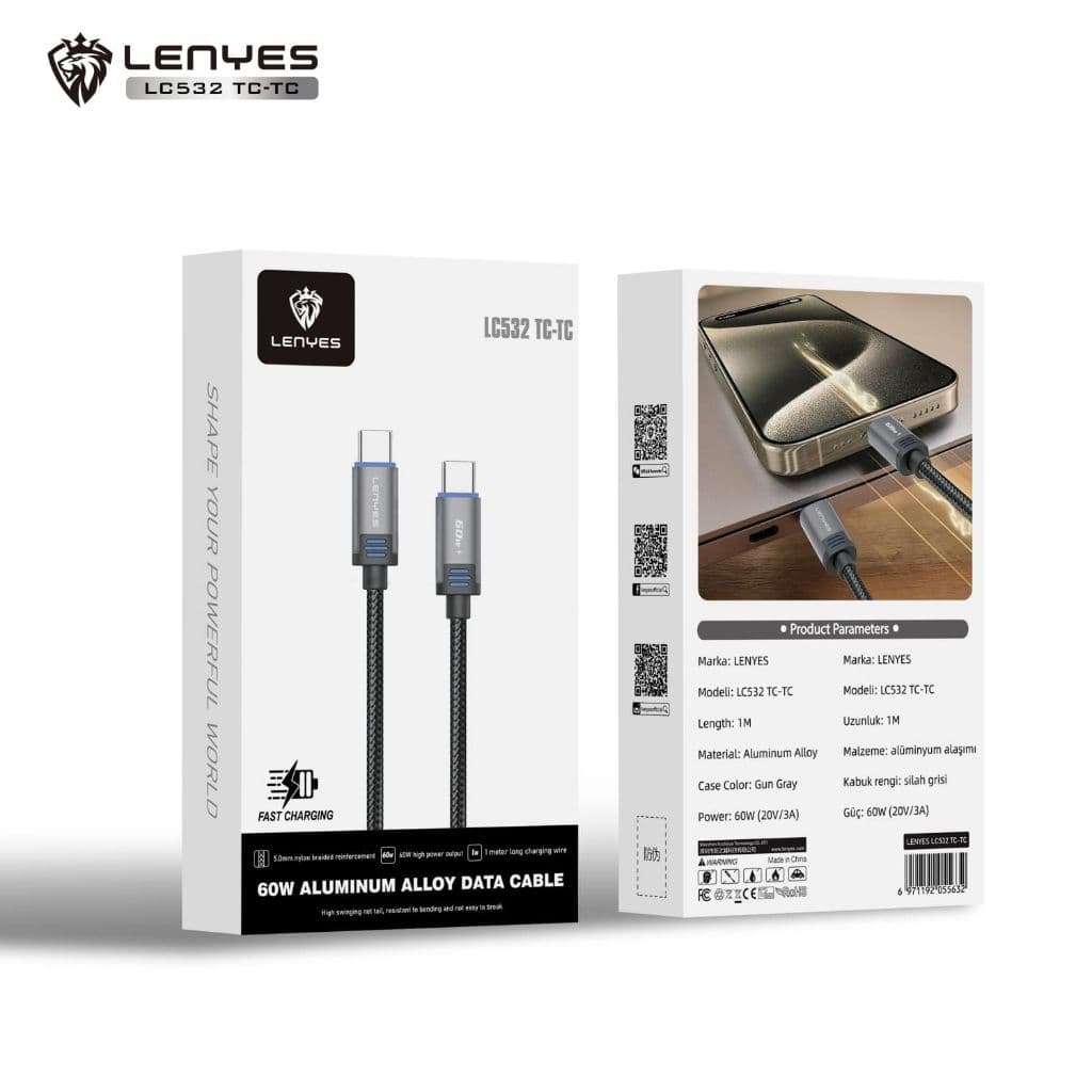Kabel Data LENYES LC532 60W  Fast Charging Type C To Type C Data Cable Charger Braided Nylon 1 Meter