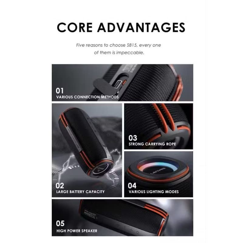 LENYES S815 30W Wireless Speaker Bluetooth 5.3 Portable Hifi Stereo Bass RGB Light Waterproof IPX6 TWS