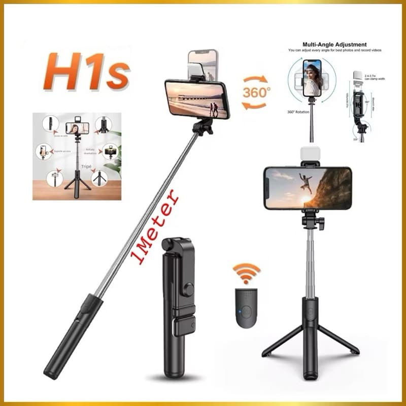 Tongsis Tripod Lampu H1S 1 Meter Tongsis Selfie Remote Shutter Bluetooth Stick Tripod 1M