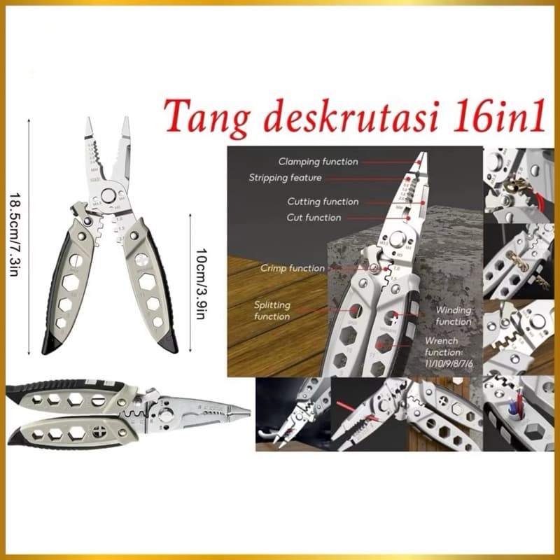 Tang Dekrustasi 16in1 Tang Pemotong Pengupas Kawat Kabel Listrik Multifungsi