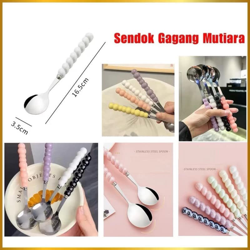 Sendok Stainless Steel Gagang Mutiara Sendok Pearl Cutlery Aesthetic Perlengkapan Makan