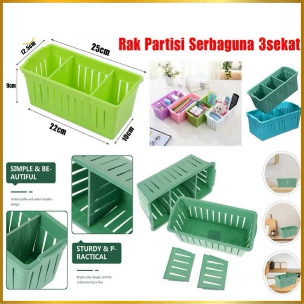 Rak Partisi Serbaguna 3 Sekat Keranjang Plastik Penyimpanan Accessories Serbaguna